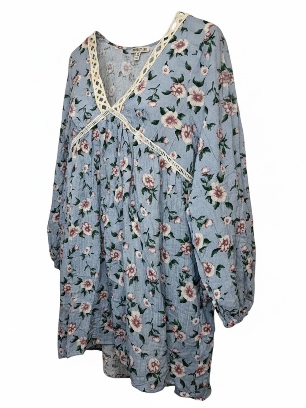 Tassels N Lace Dusty Blue Floral Peasant Dress with Cream Lace Trim Size Medium